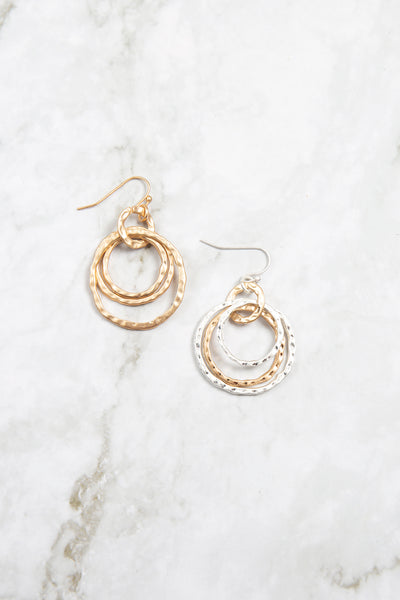HAMMERED THREE LAYERED CIRCLE DROP EARRINGS