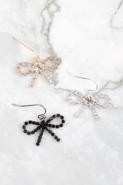 RHINESTONE BOW DANGLE FISH HOOK EARRINGS