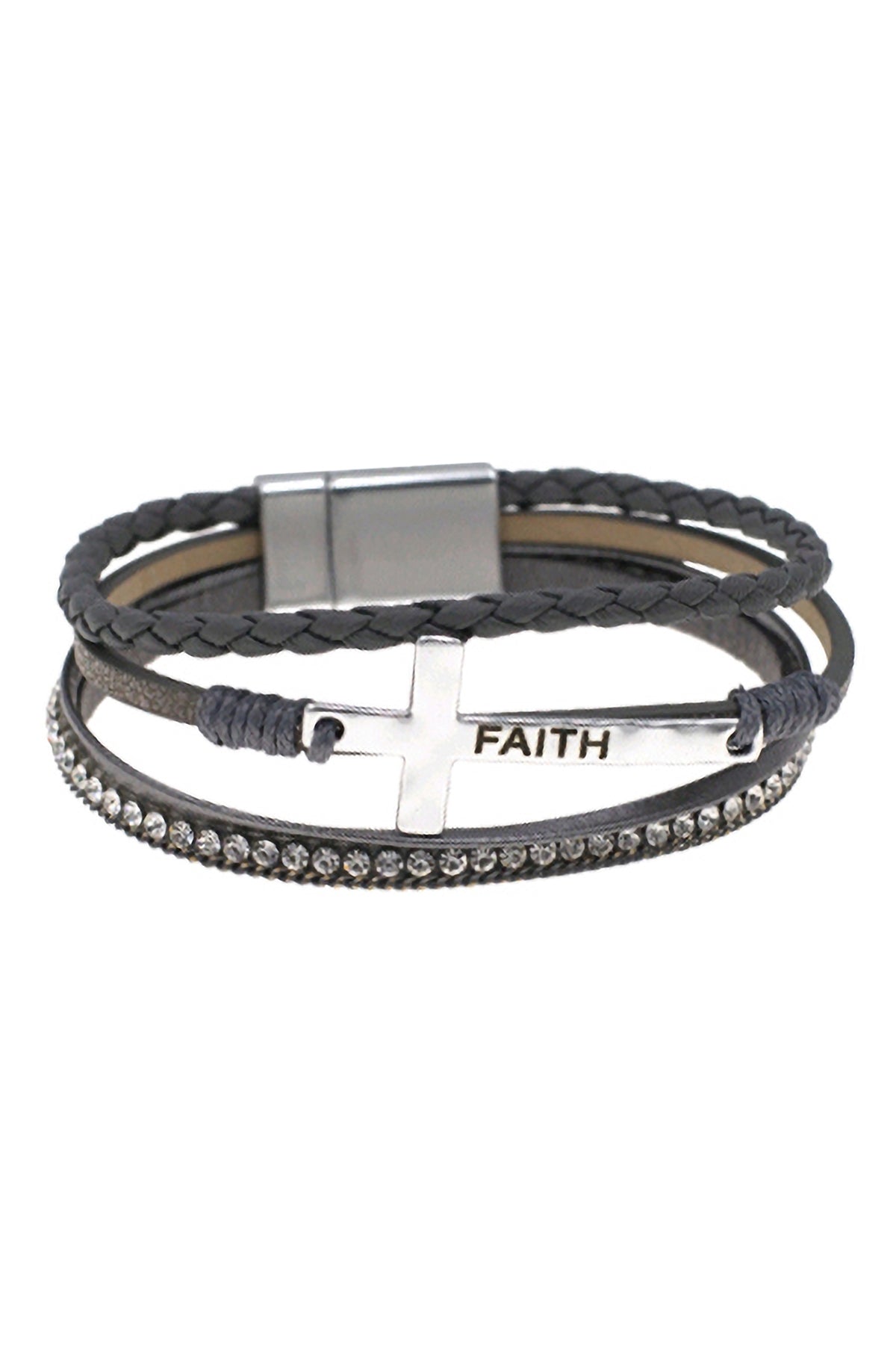 CROSS FAITH LEATHER WRAP MAGNETIC LOCK BRACELET