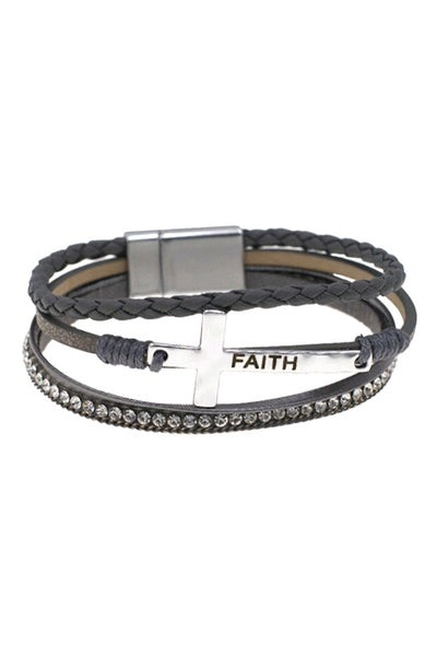 CROSS FAITH LEATHER WRAP MAGNETIC LOCK BRACELET