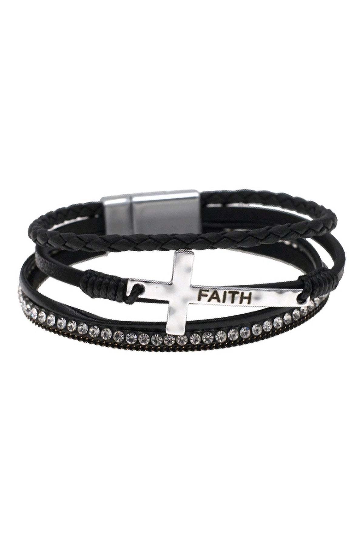 CROSS FAITH LEATHER WRAP MAGNETIC LOCK BRACELET