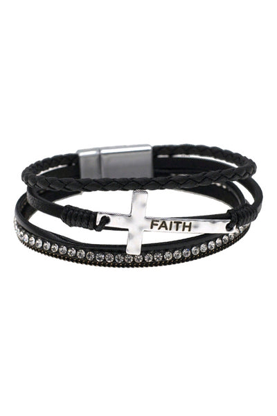 CROSS FAITH LEATHER WRAP MAGNETIC LOCK BRACELET