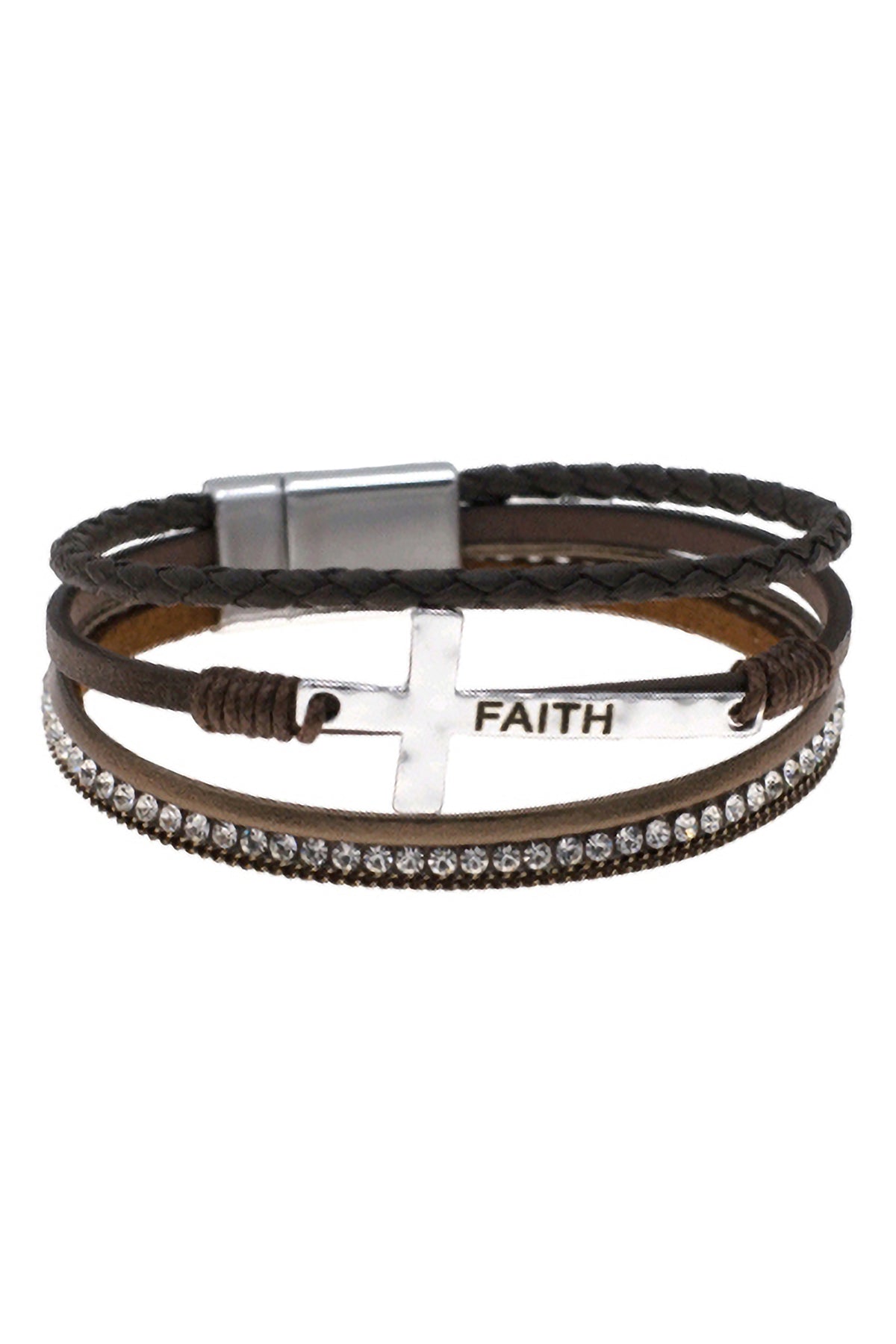 CROSS FAITH LEATHER WRAP MAGNETIC LOCK BRACELET