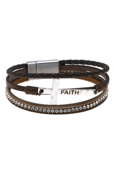 CROSS FAITH LEATHER WRAP MAGNETIC LOCK BRACELET