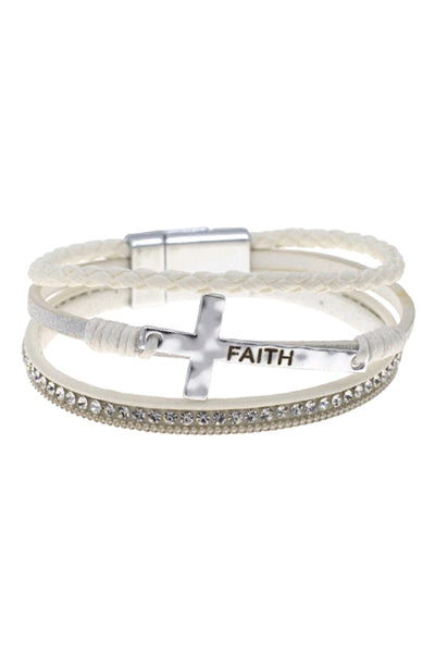 CROSS FAITH LEATHER WRAP MAGNETIC LOCK BRACELET