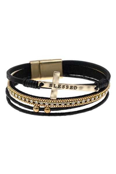 CROSS BLESSED LEATHER WRAP MAGNETIC LOCK BRACELET