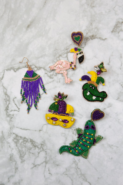 MARDI GRAS CROCODILE SEED BEADS POST EARRINGS