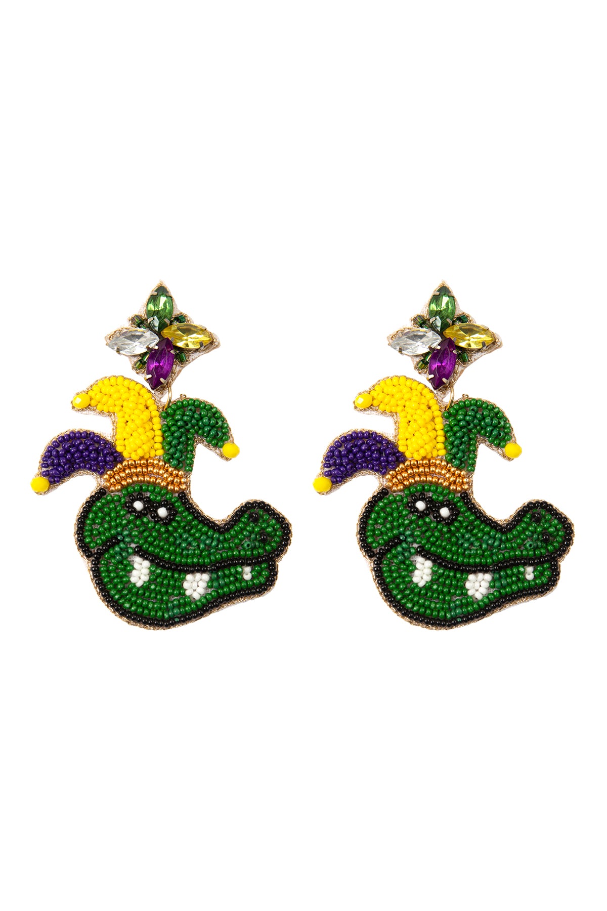 MARDI GRAS CROCODILE SEED BEADS POST EARRINGS