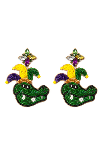 MARDI GRAS CROCODILE SEED BEADS POST EARRINGS