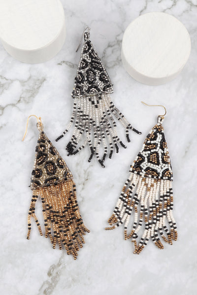 LEOPARD PATTERN TRIANGLE SEED BEADS DROP EARRINGS