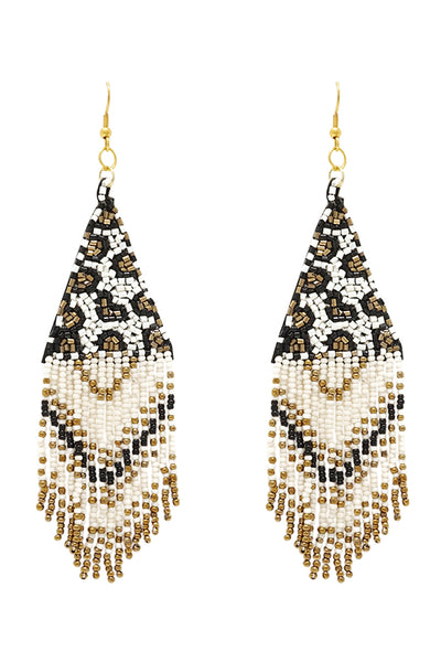 LEOPARD PATTERN TRIANGLE SEED BEADS DROP EARRINGS