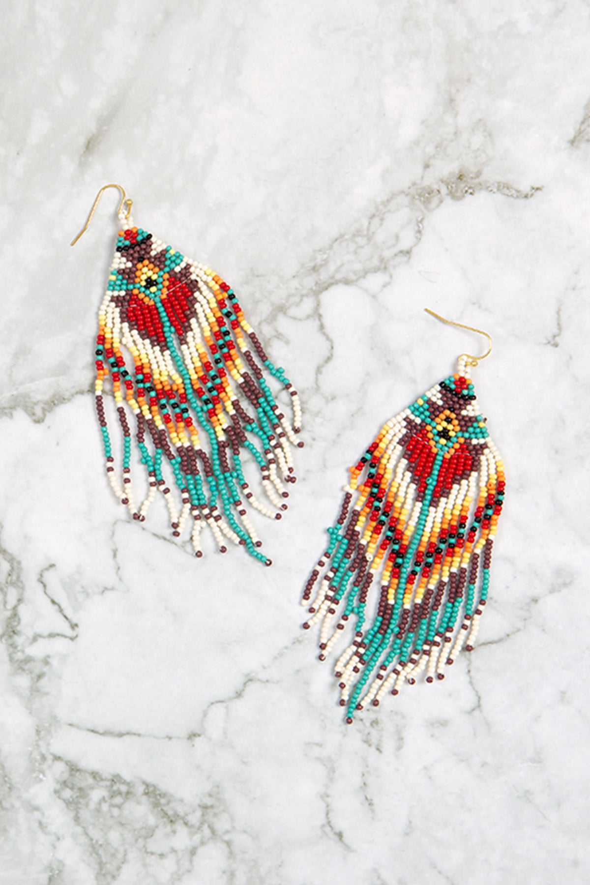 WESTERN STYLE AZTEC SEED BEAD FRINGE DROP EARRINGS