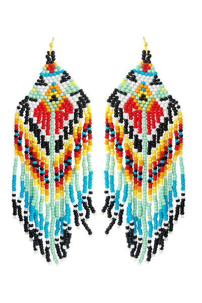 WESTERN STYLE AZTEC SEED BEAD FRINGE DROP EARRINGS