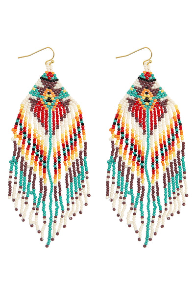 WESTERN STYLE AZTEC SEED BEAD FRINGE DROP EARRINGS