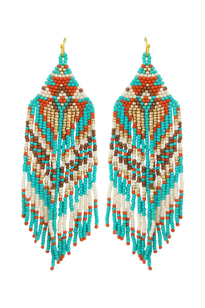 WESTERN STYLE AZTEC SEED BEAD FRINGE DROP EARRINGS