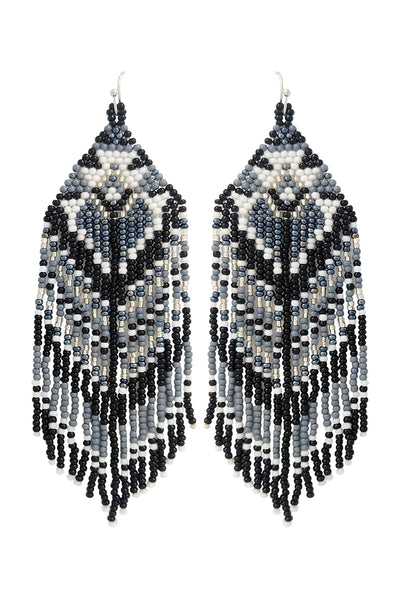 WESTERN STYLE AZTEC SEED BEAD FRINGE DROP EARRINGS