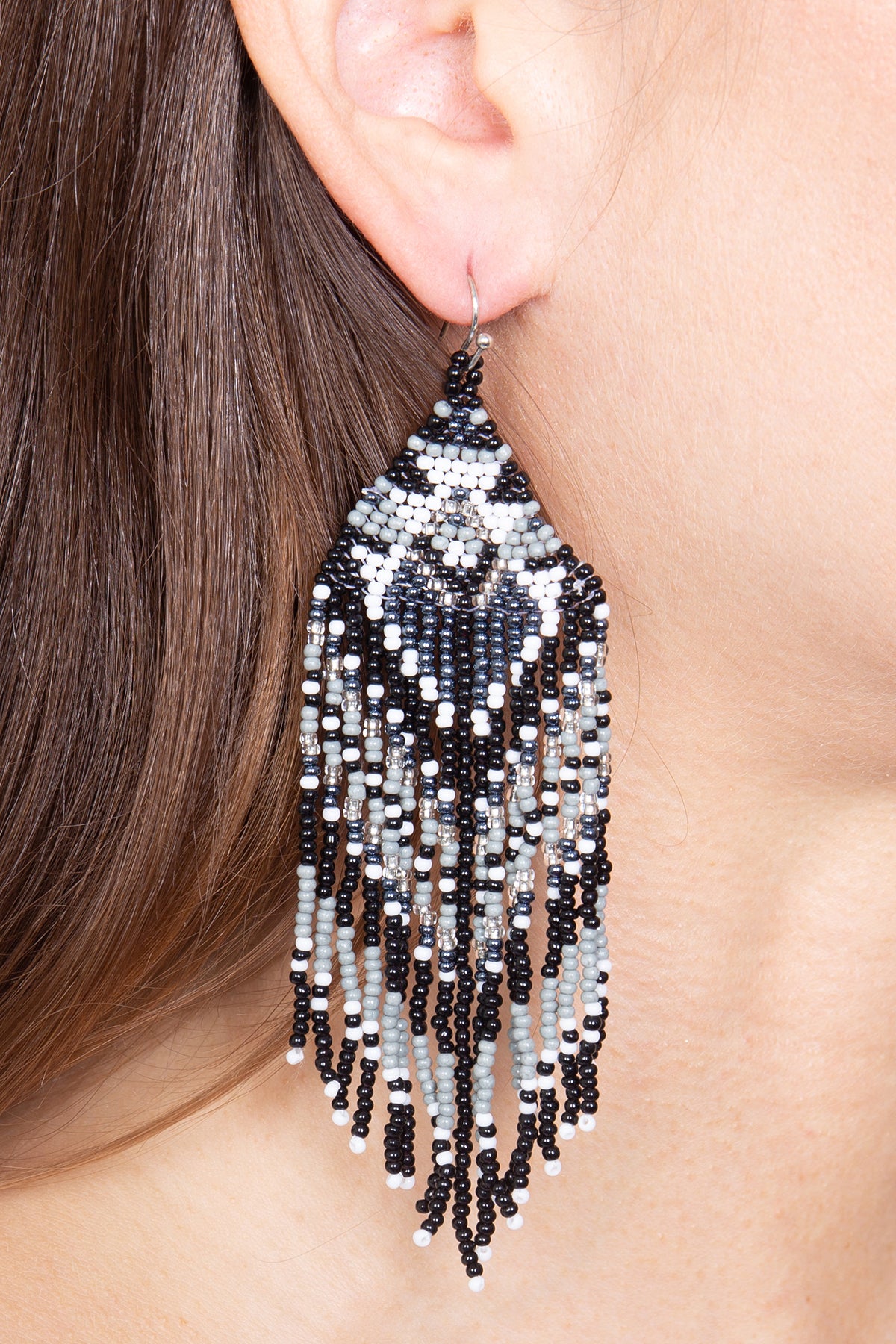 WESTERN STYLE AZTEC SEED BEAD FRINGE DROP EARRINGS