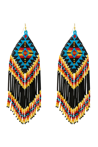 WESTERN AZTEC BOHO GEOMETRIC SHAPE FRINGE SEED BEED EARRINGS