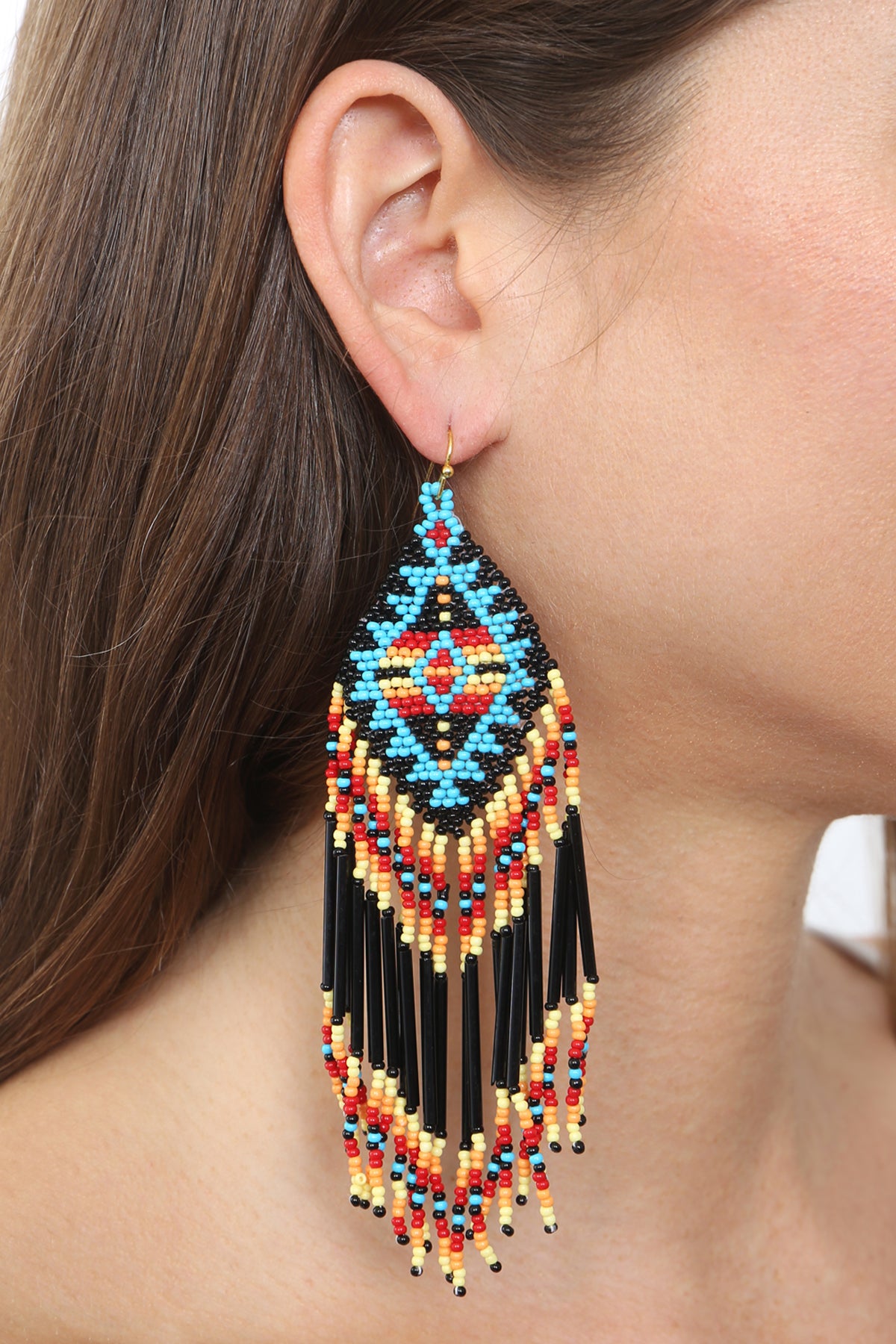 WESTERN AZTEC BOHO GEOMETRIC SHAPE FRINGE SEED BEED EARRINGS