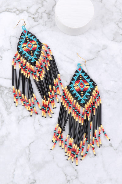 WESTERN AZTEC BOHO GEOMETRIC SHAPE FRINGE SEED BEED EARRINGS