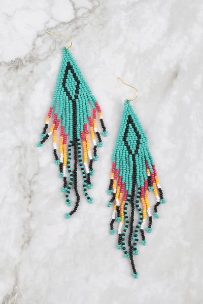 WESTERN AZTEC BOHO DIAMOND SHAPE FRINGE SEED BEED EARRINGS