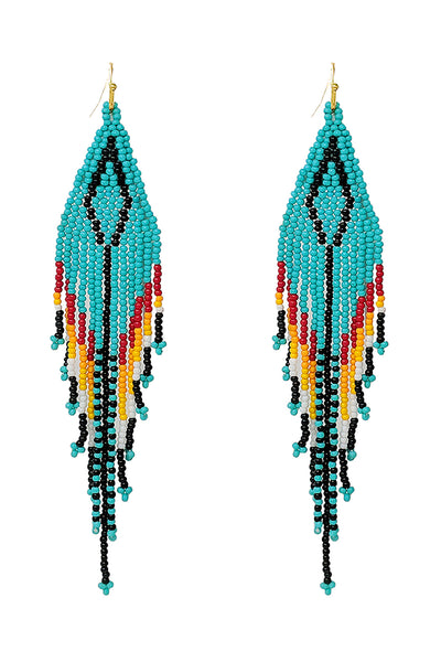 WESTERN AZTEC BOHO DIAMOND SHAPE FRINGE SEED BEED EARRINGS