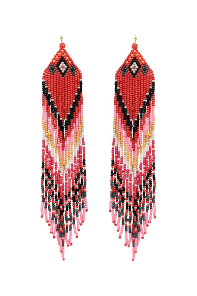 WESTERN STYLE AZTEC SEED BEAD FRINGE DROP EARRINGS