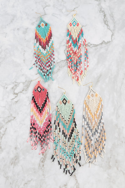 WESTERN STYLE AZTEC SEED BEAD FRINGE DROP EARRINGS