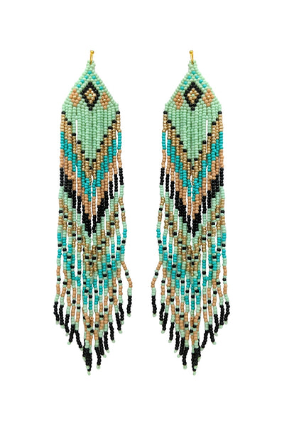 WESTERN STYLE AZTEC SEED BEAD FRINGE DROP EARRINGS