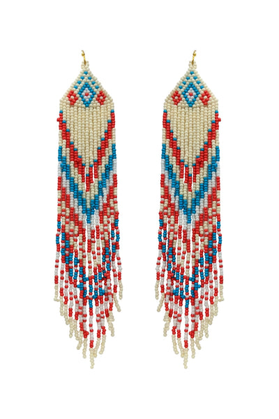 WESTERN STYLE AZTEC SEED BEAD FRINGE DROP EARRINGS