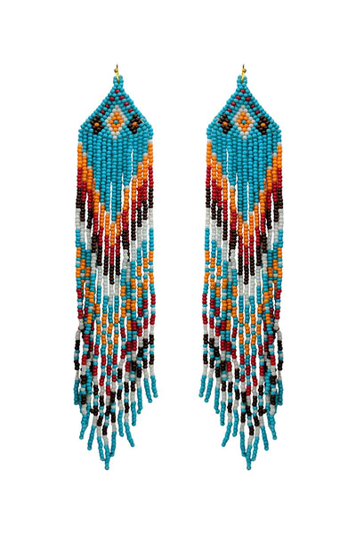 WESTERN STYLE AZTEC SEED BEAD FRINGE DROP EARRINGS