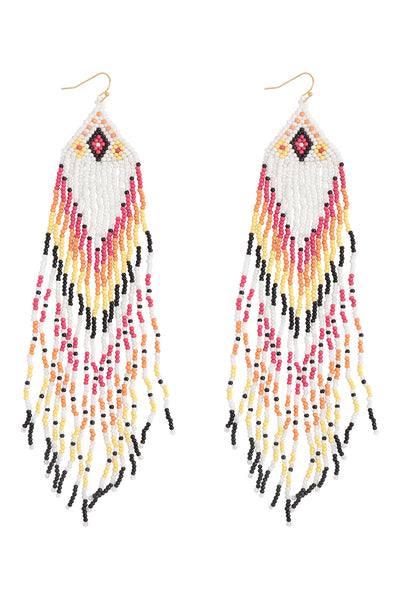 WESTERN STYLE AZTEC SEED BEAD FRINGE DROP EARRINGS