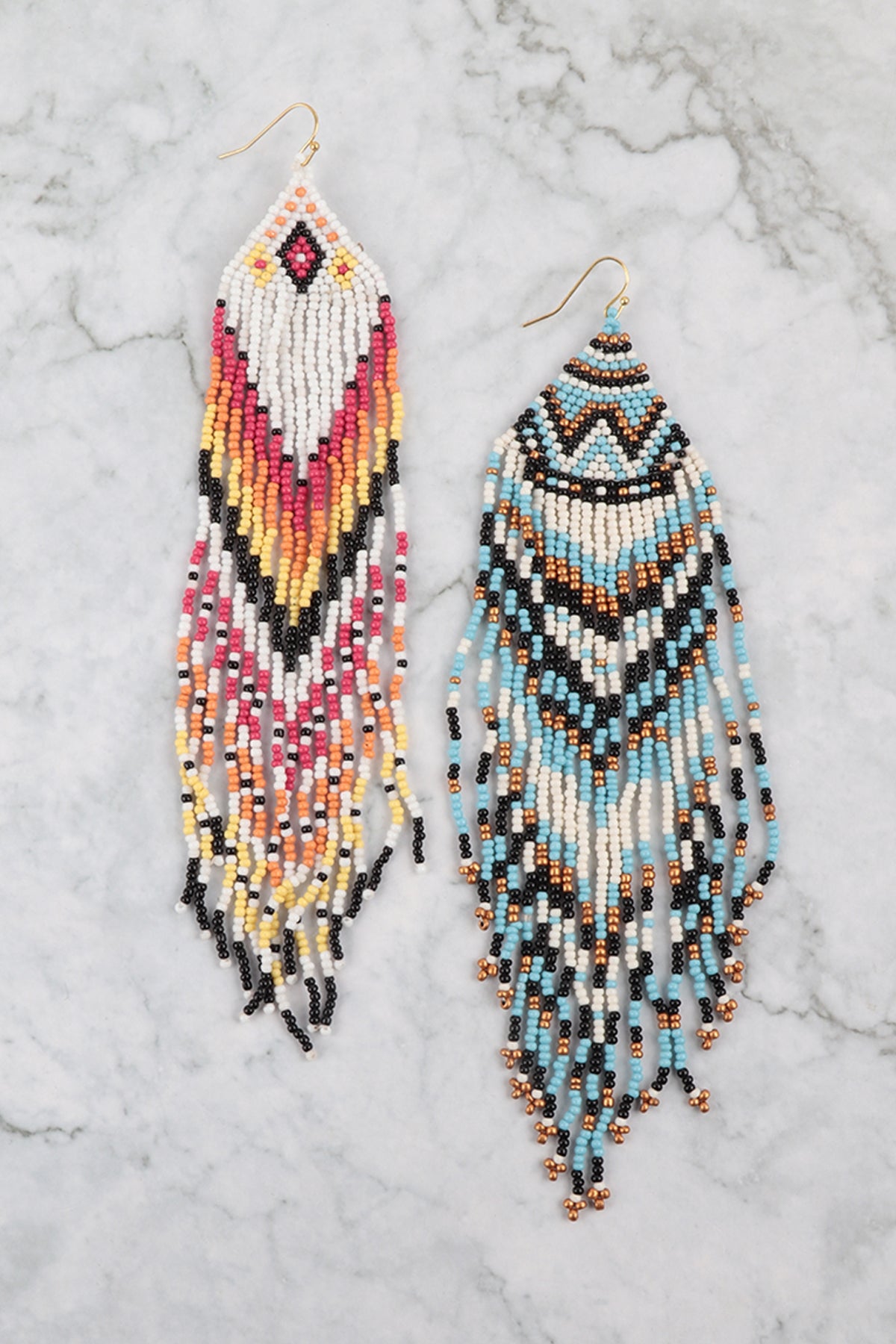 WESTERN STYLE AZTEC SEED BEAD FRINGE DROP EARRINGS