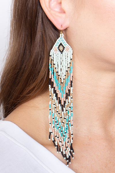 WESTERN STYLE AZTEC SEED BEAD FRINGE DROP EARRINGS