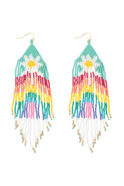 BOHO FLOWER FRINGE SEED BEAD DROP EARRINGS
