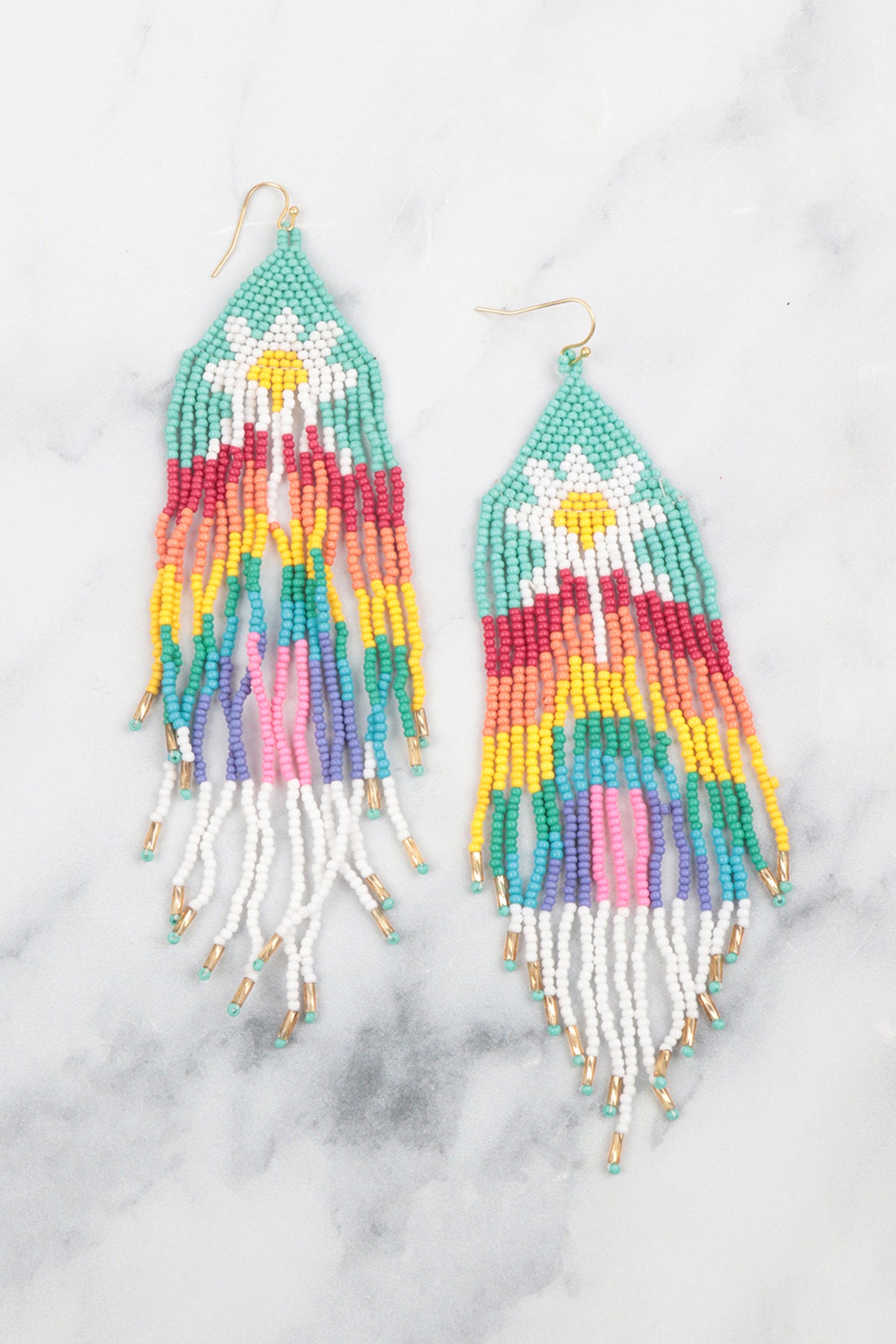 BOHO FLOWER FRINGE SEED BEAD DROP EARRINGS