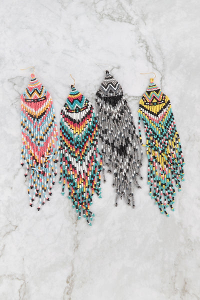 WESTERN STYLE AZTEC SEED BEAD FRINGE DROP EARRINGS