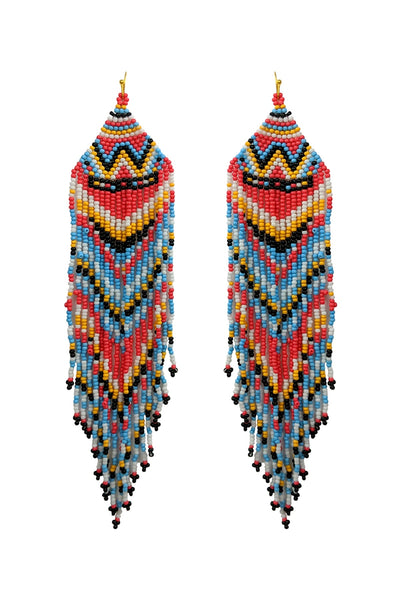 WESTERN STYLE AZTEC SEED BEAD FRINGE DROP EARRINGS