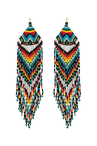 WESTERN STYLE AZTEC SEED BEAD FRINGE DROP EARRINGS