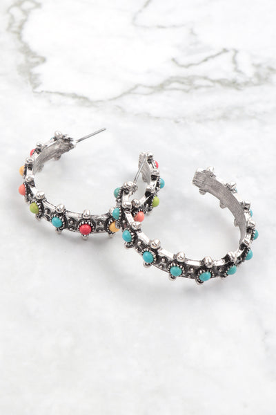 WESTERN CONCHO STONE HOOP EARRINGS (NOW $4.00 ONLY!)