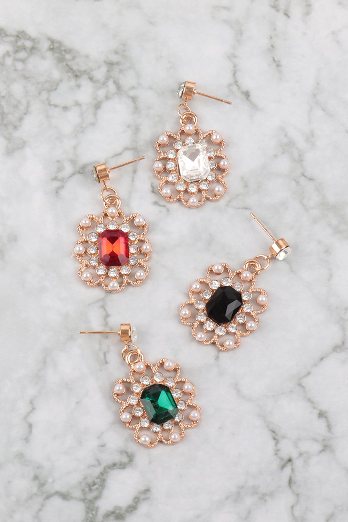 EMBELISH SQUARE RHINESTONE FLOWER DANGLE ASSORTED SET EARRNGS