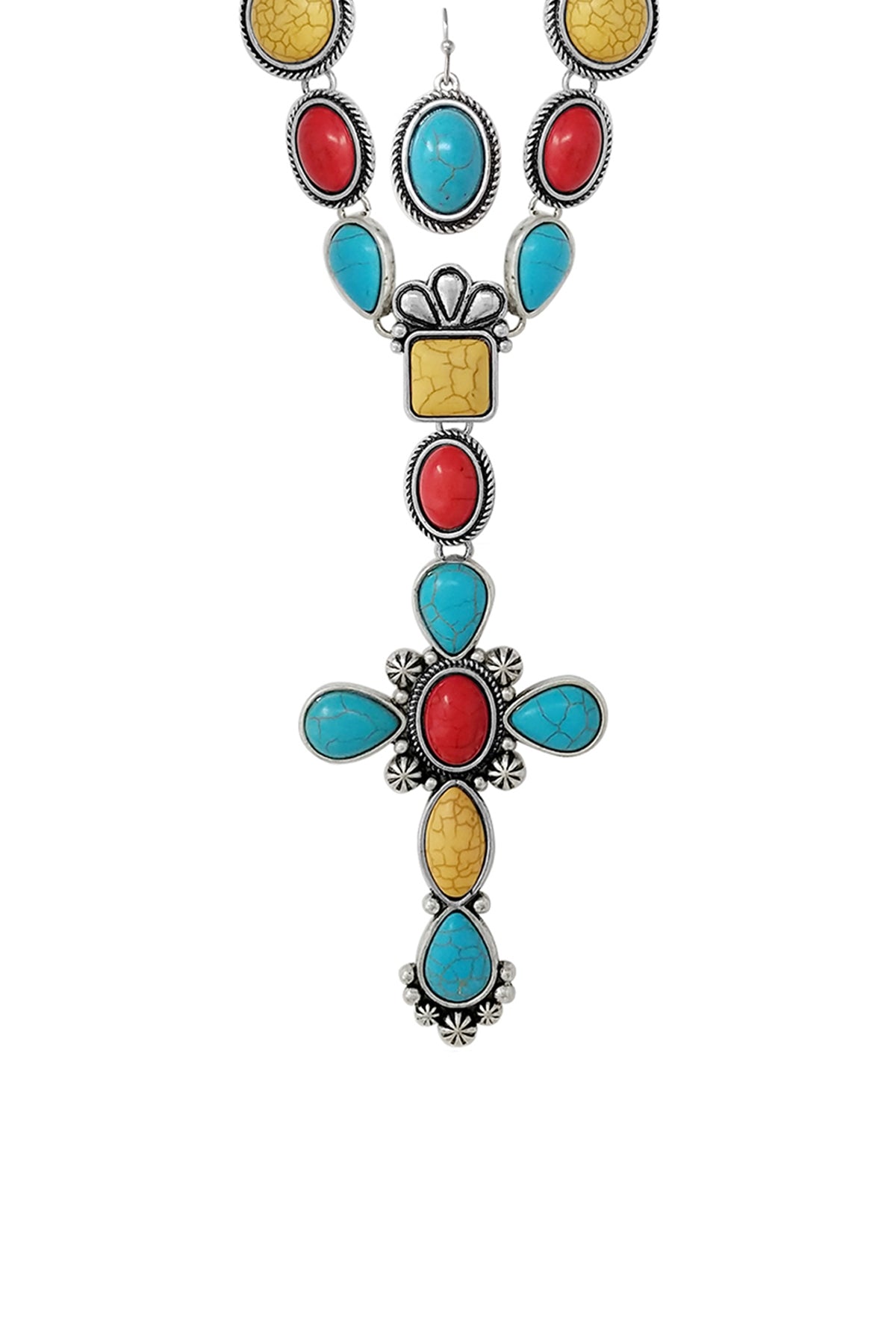 WESTERN CONCHO CROSS PENDANT SEMI STONE LARIAT Y NECKLACE AND EARRING SET