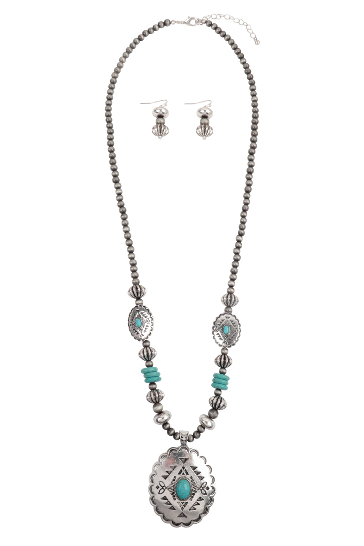 ENGRAVE METAL STONE PENDANT AZTEC WESTERN CONCHO NECKLACE AND EARRINGS SET (NOW $8.00 ONLY!)