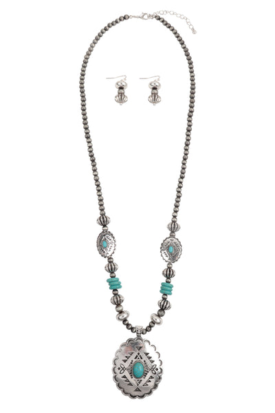 ENGRAVE METAL STONE PENDANT AZTEC WESTERN CONCHO NECKLACE AND EARRINGS SET (NOW $8.00 ONLY!)