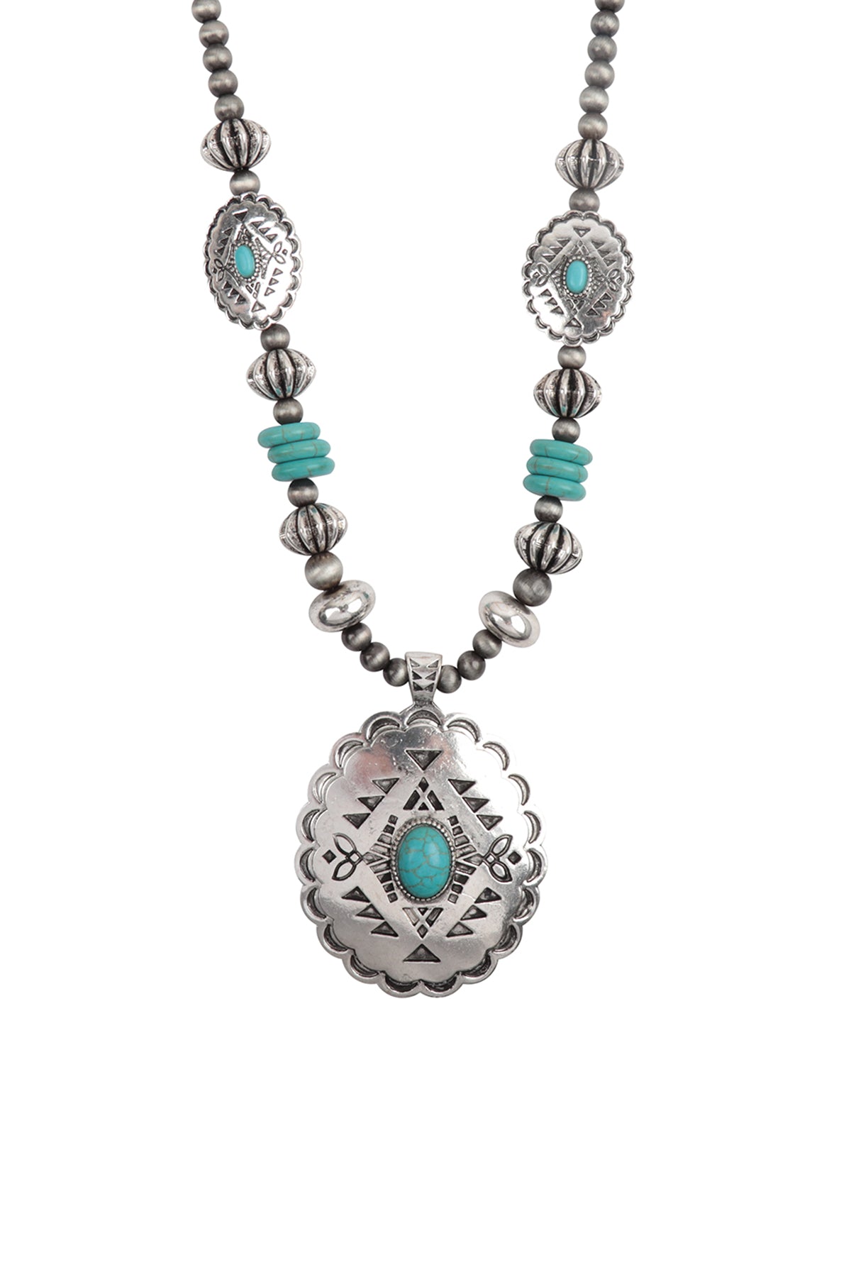 ENGRAVE METAL STONE PENDANT AZTEC WESTERN CONCHO NECKLACE AND EARRINGS SET (NOW $8.00 ONLY!)