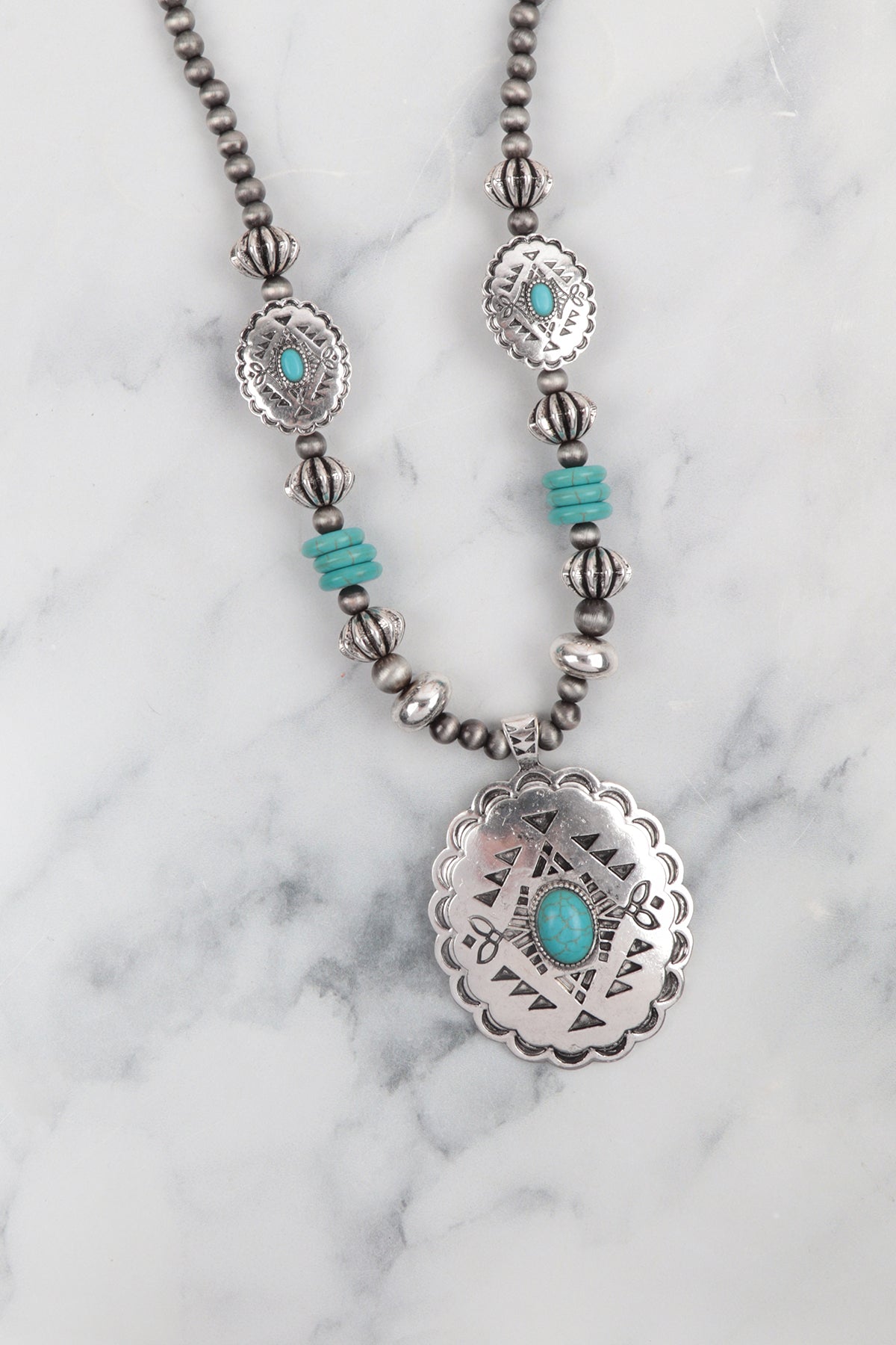 ENGRAVE METAL STONE PENDANT AZTEC WESTERN CONCHO NECKLACE AND EARRINGS SET (NOW $8.00 ONLY!)