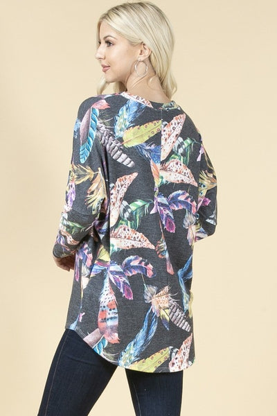 FEATHER PRINT LONG SLEEVE TOP