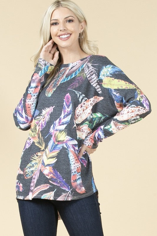 FEATHER PRINT LONG SLEEVE TOP