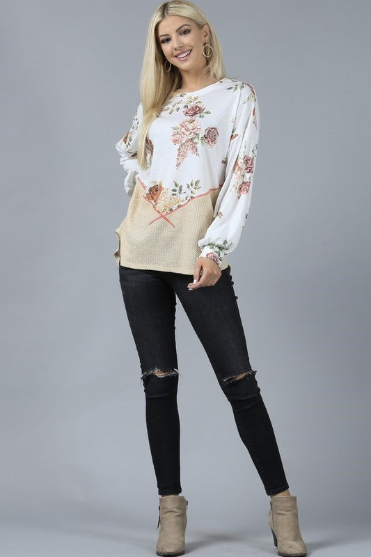 FLORAL COLOR BLOCK LONG SLEEVE TOP