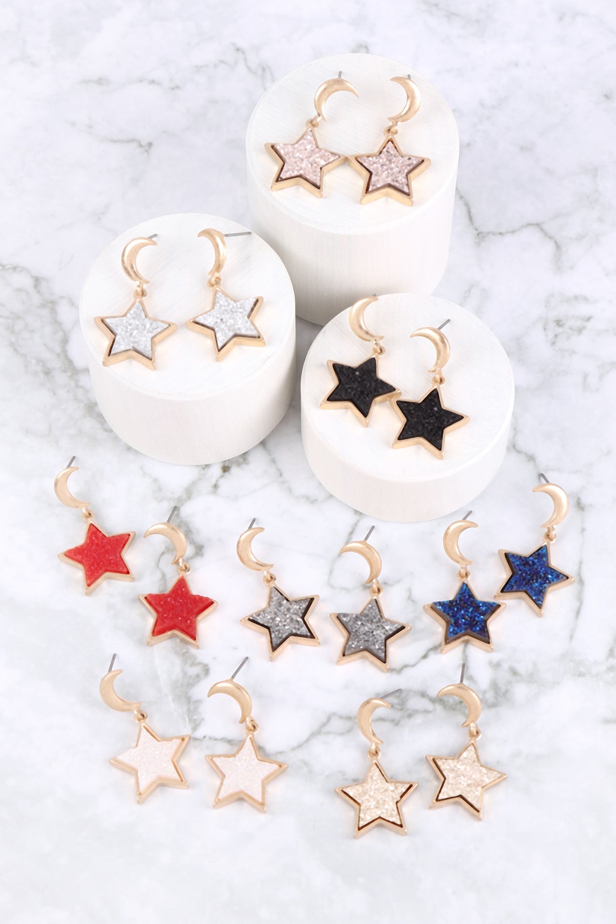 MOON DANGLING STAR DRUZY POST EARRINGS/6PCS (NOW $2.00 ONLY!)